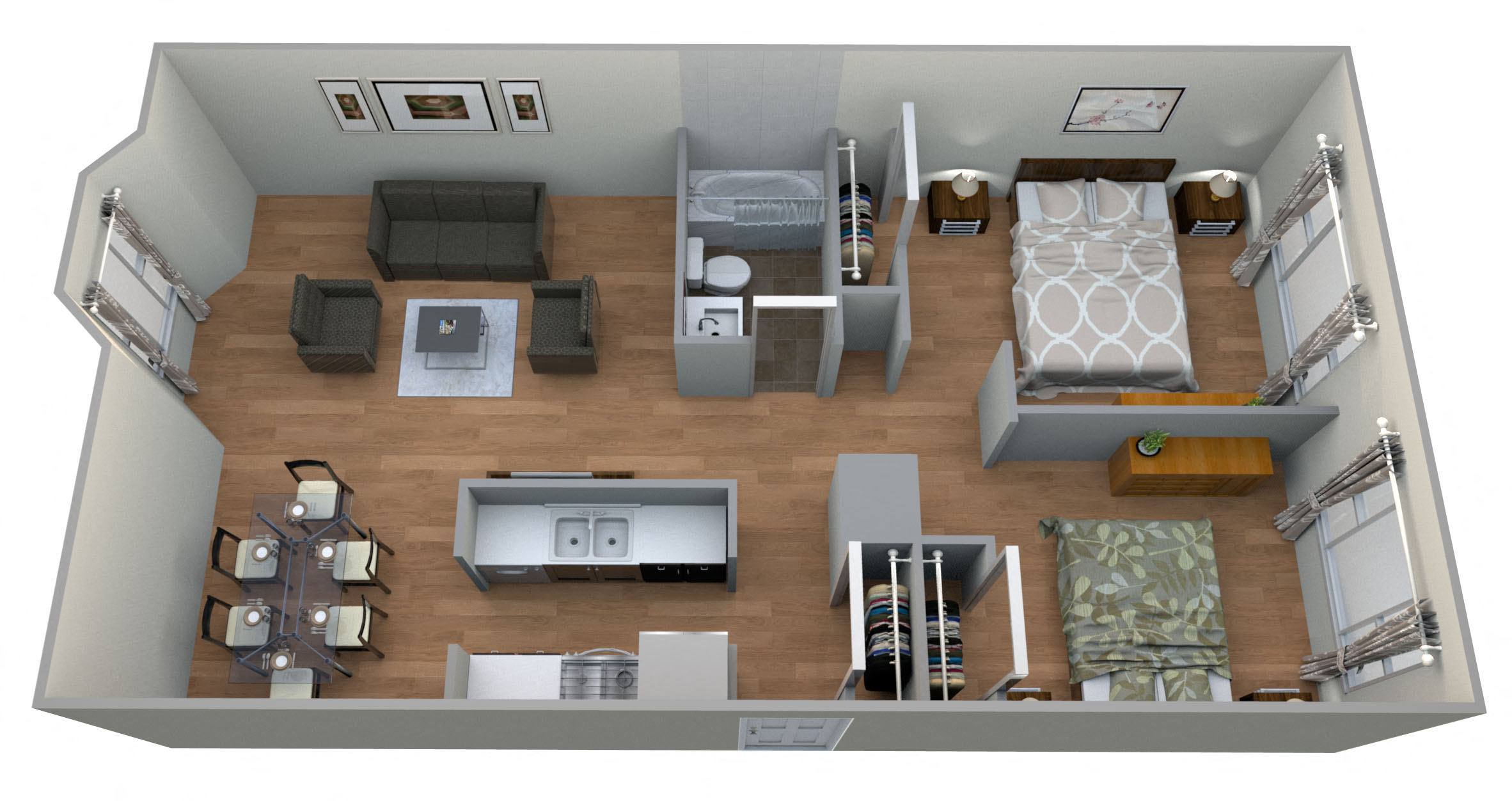 Floor plan for 2 beds, 1 bath, 1025 sqft
